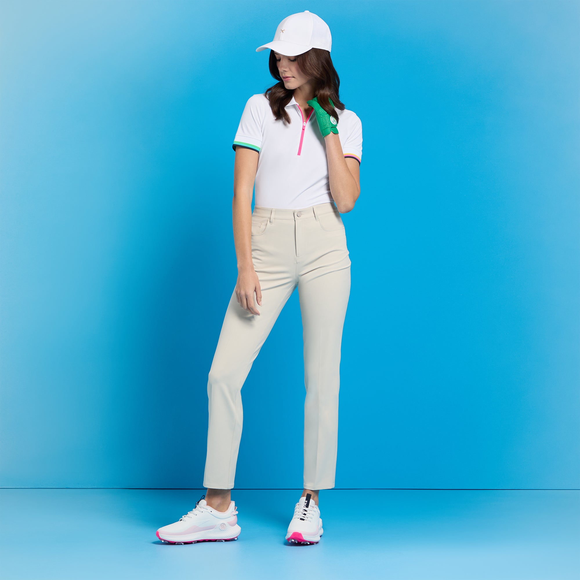G/FORE Tech Pique Ladies Golf Polo Shirt Snow/Acid Lime